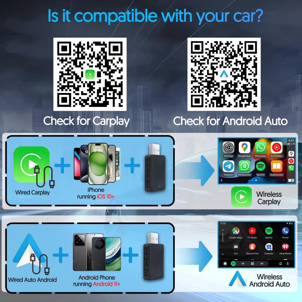 Wireless Carplay Adapter for Android iPhone Auto 2 in1 Wired to Wireless AI Box Bluetooth WiFi Connect Plug&Play For Car