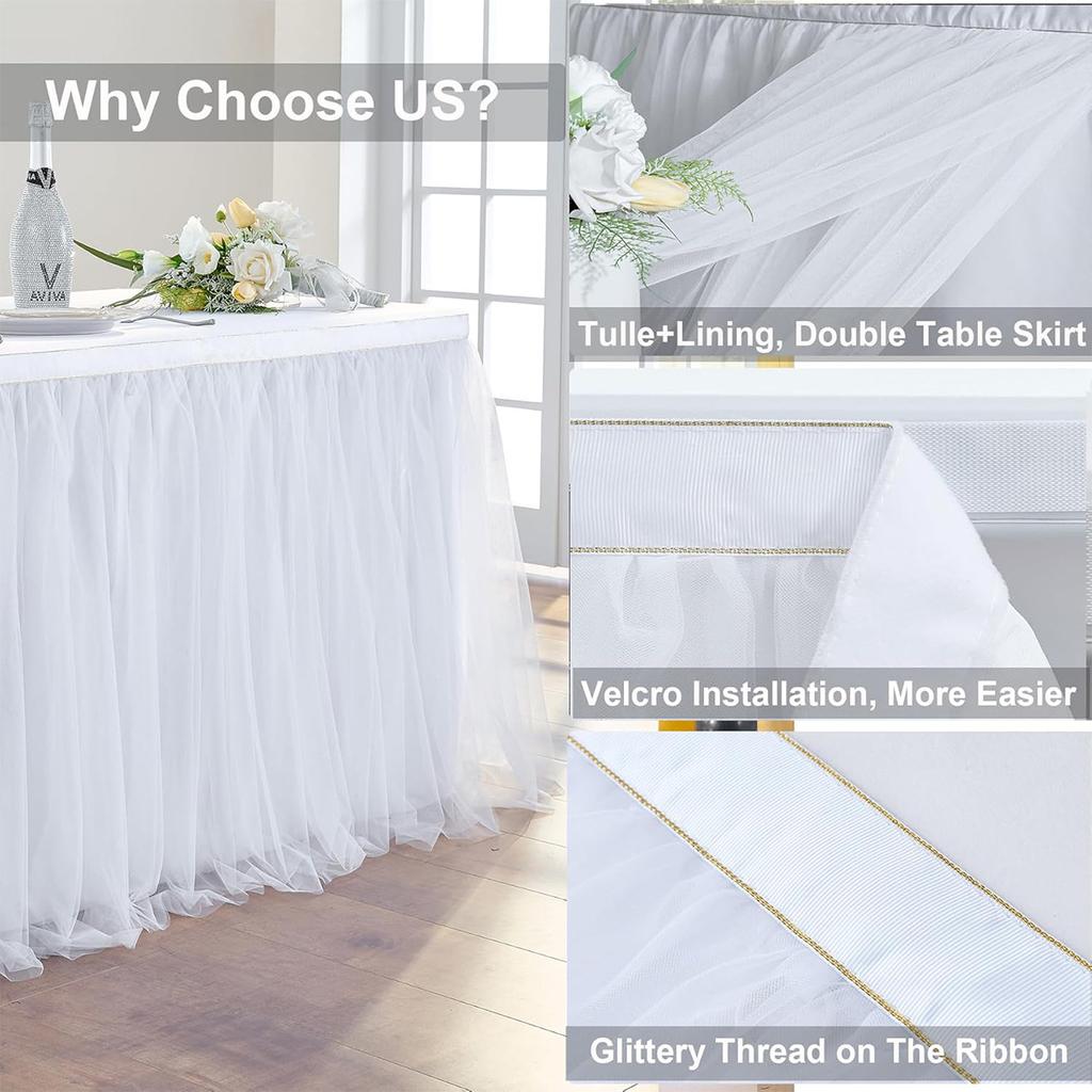 1pc White Mesh Table Skirt with Gold Edge, One Layer of Cloth, Two Layers of Yarn Velcro Table Skirt, Wedding Party Decorations