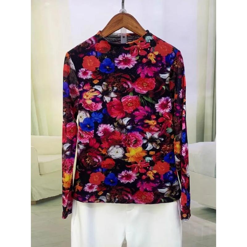 

Long-sleeved Pullover Printed Double-layer Mesh Versatile Stretch Bottoming Shirt for Women Spring New Style Super Soft L