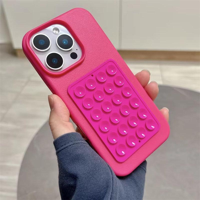 Luxury 3D Suction Cup Stand Litchi Pattern Phone Case For iPhone17 16 15 14 Plus 13 12 11 Pro Max XR X XS Soft Shockproof Cover