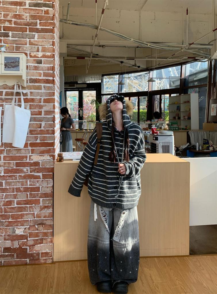 Men's Striped Hooded Sweater - Korean Style Color Block Knit Cardigan for Autumn/Winter