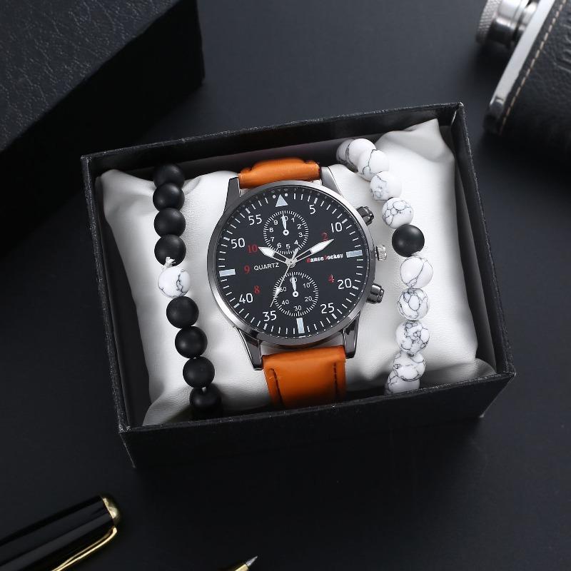 Men's Fashion Business Casual Belt Watch Men's Bracelet Set Men's Watch Pcs Watch + Bracelet + Box