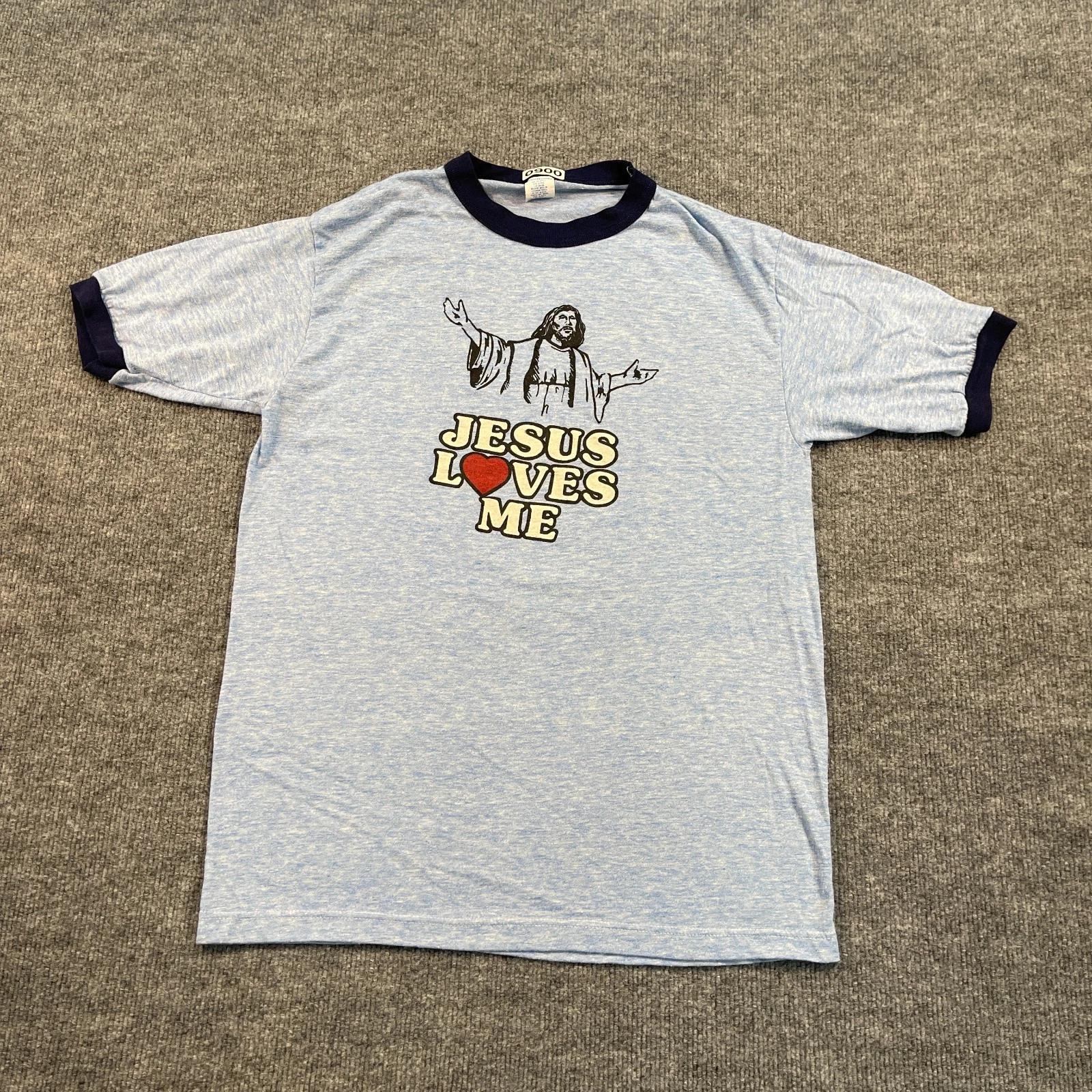 

Vintage 80s Jesus Loves Me Christian Ringer Shirt Medium 19x27 Heather Blue S