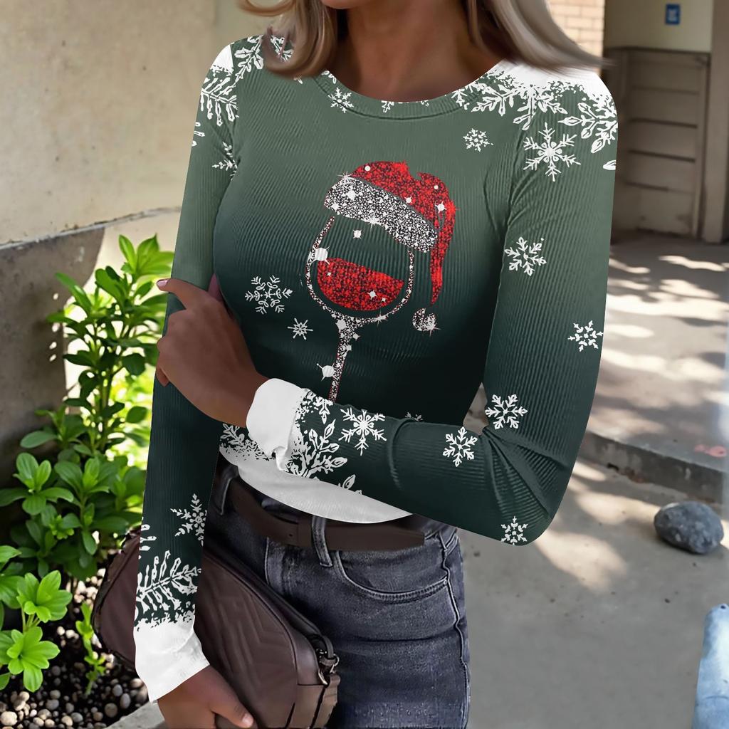 Women's Slim Fit Long Sleeve T-Shirt with Christmas Print Neck Pullover Top