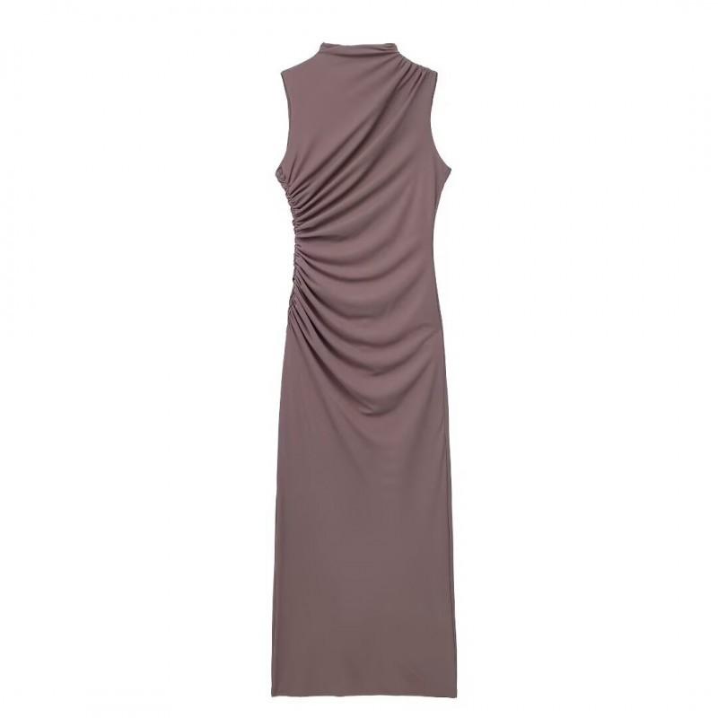 European American Women s Clothing Fashionable Temperament Pleated Decoration Midi Sleeveless Long Dress XS янтарь