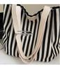 Retro Striped Canvas Tote: Fashionable Large-Capacity Single Shoulder Shopping Bag for Women