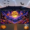 Halloween Magic Manor Garage banner, glossy polyester material, "Happy Halloween", black cat, bat, pumpkin lantern design