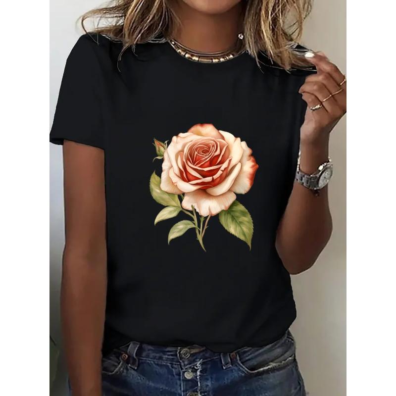 

European sizes Women s Vintage-Inspired Oversized Black T-Shirt with White Rose Print - Soft Round Neck Short Sleeve Casual Top 4XL чорний