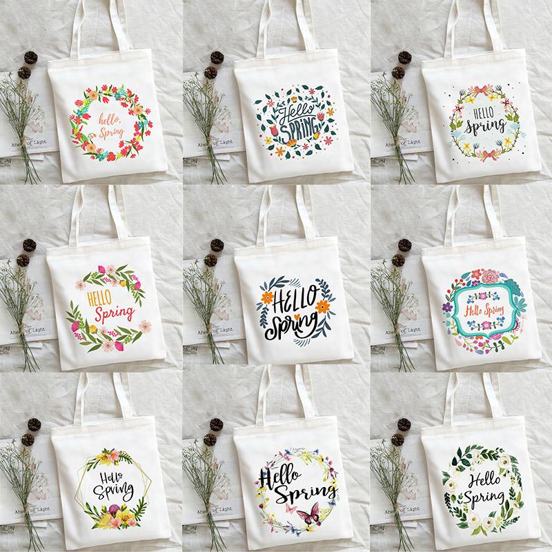 Dobrý den Jarní Květiny Potisk Nákupní Taška Ženy Plátěná Taška přes Rameno Ulzzang Eko Velkokapacitní Dámská Nákupní Taška Kabelka