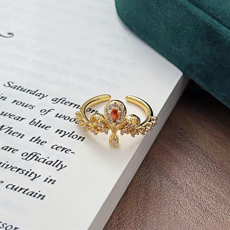 Medieval Vintage French Color Zircon Crown Micro-Inlaid Opening Ring Light Luxury Simple Color Treasure Index Finger Ring Women