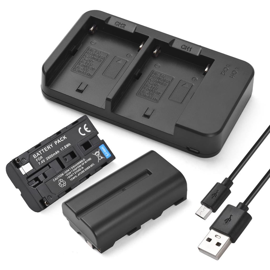 Camera Battery Charger Kit 7.4V 2600mAh Battery 2 Slot Battery Charger USB Charging Cable for NP F550 F570