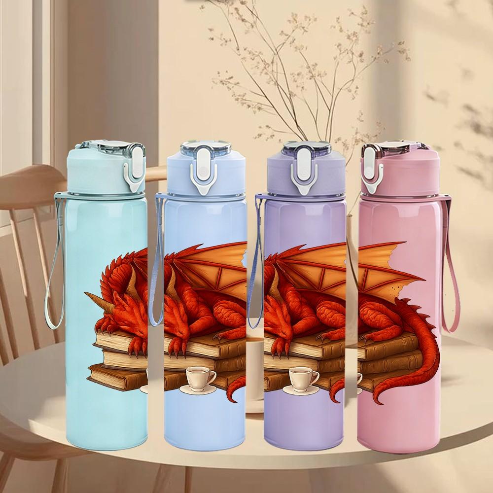 1PC Book Stack Red Dragon Illustration 750ml Color Plastic Sports Water Bottle Leakproof Flip Straw Lid Suitable for Sports Office Home Use