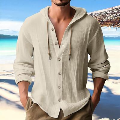 Men's Solid Color Casual Long Sleeve Shirt Hooded Cotton Liene Trend with Loose Beach Men's Shirt