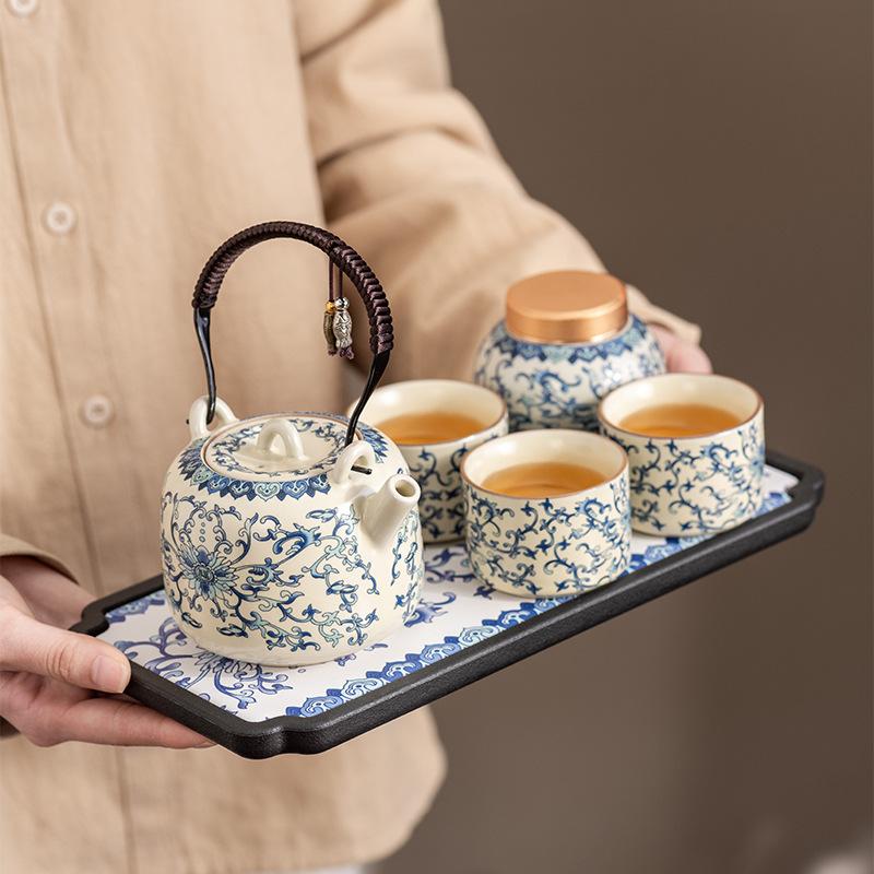 Blue and White Ru Kiln Lifting Beam Teapot Travel Kung Fu Tea Set Household Teacup Light Luxury Gift Box Business Companion Gift