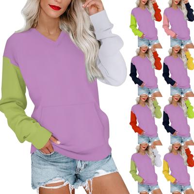 Women's Casual Fashion Stitching Color V-Neck Long Sleeve Sweatshirt Light Pullover With Pockets