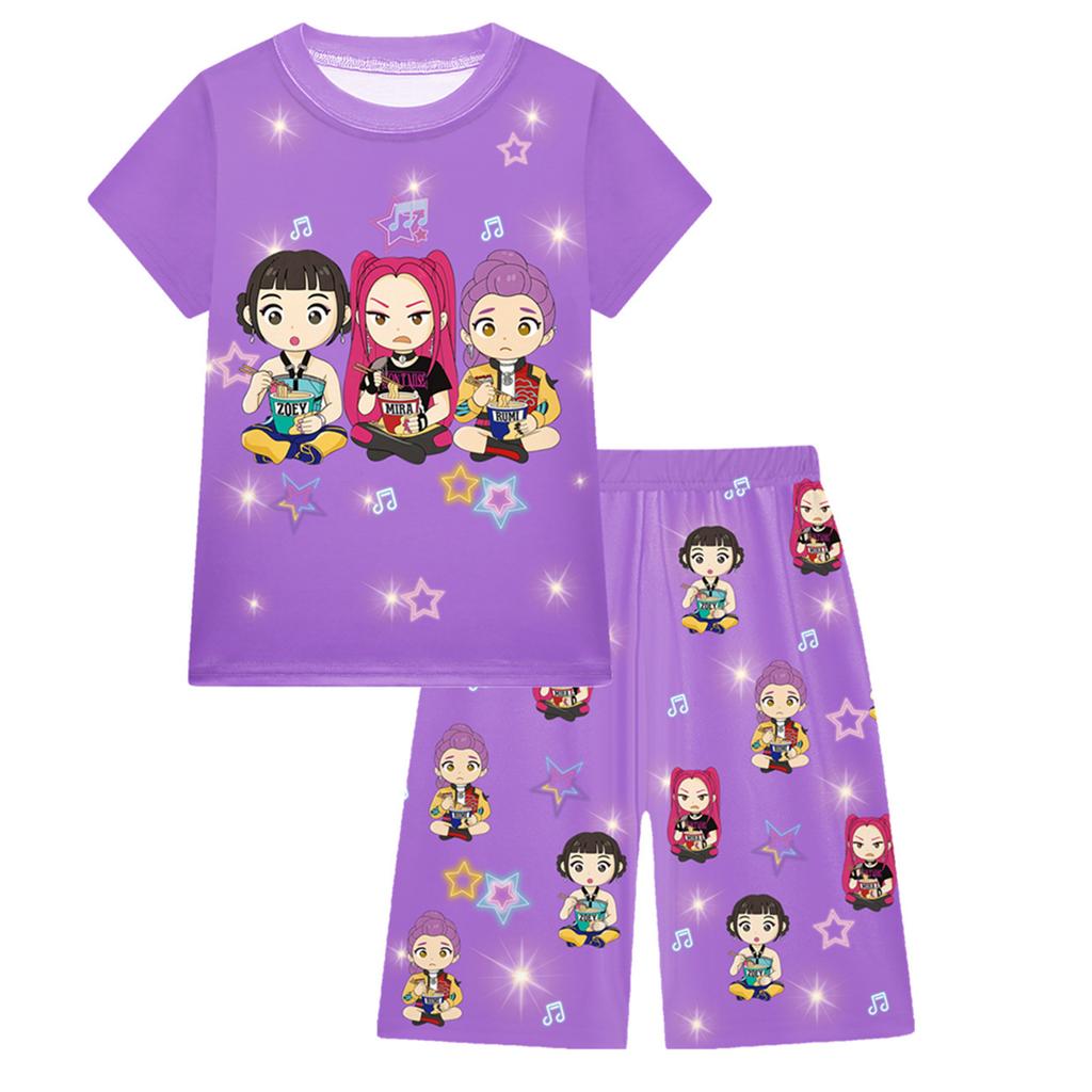 KPOP Mädchen T-Shirt und Hosen Set, Demon Slayer Cartoon, Zweiteiliges Kurzarm- und Shorts-Set für große Kinder