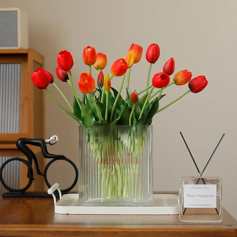 5pcs Artificial Flowers Soft Tulip Fake Flower Real Touch Home Garden Table Wedding Decoration Simulation 5-Head Tulips Bouquet