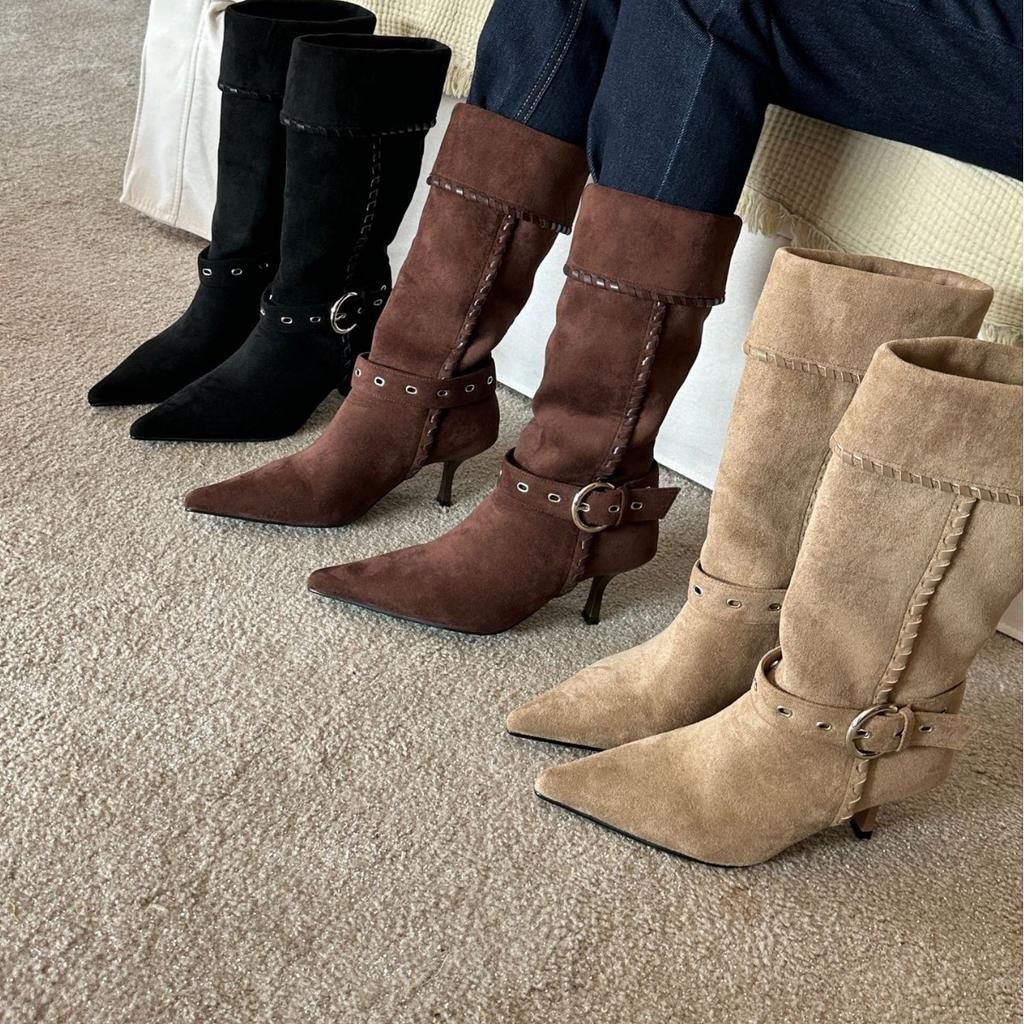 2025 autumn and winter new small pointed suede two wear thin fashion knight belt buckle women's boots