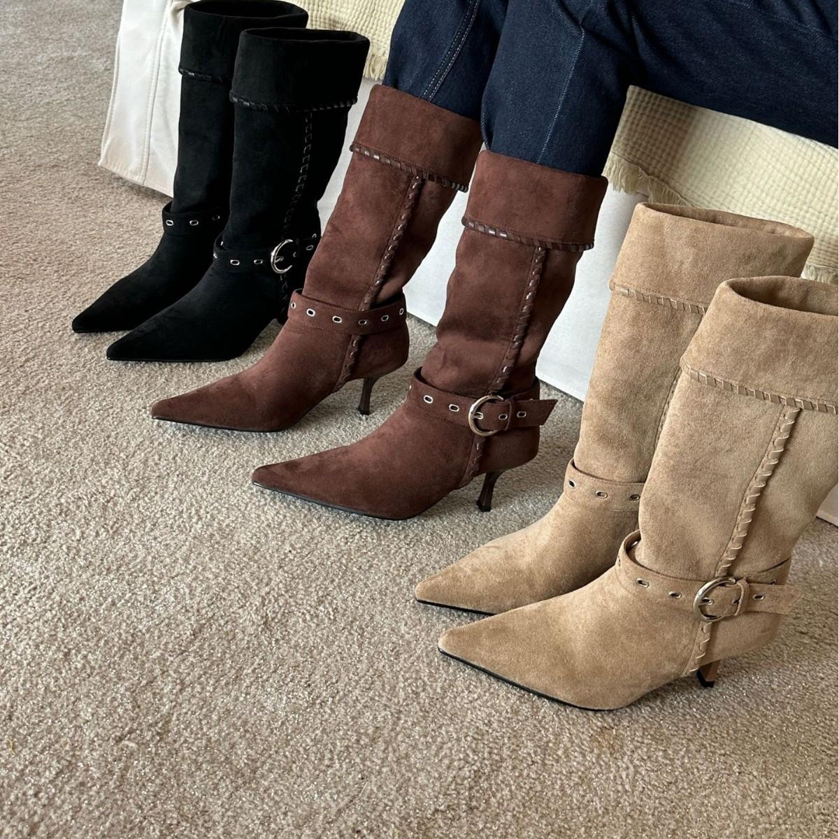 

2025 autumn and winter new small pointed suede two wear thin fashion knight belt buckle women s boots 39 кофейный
