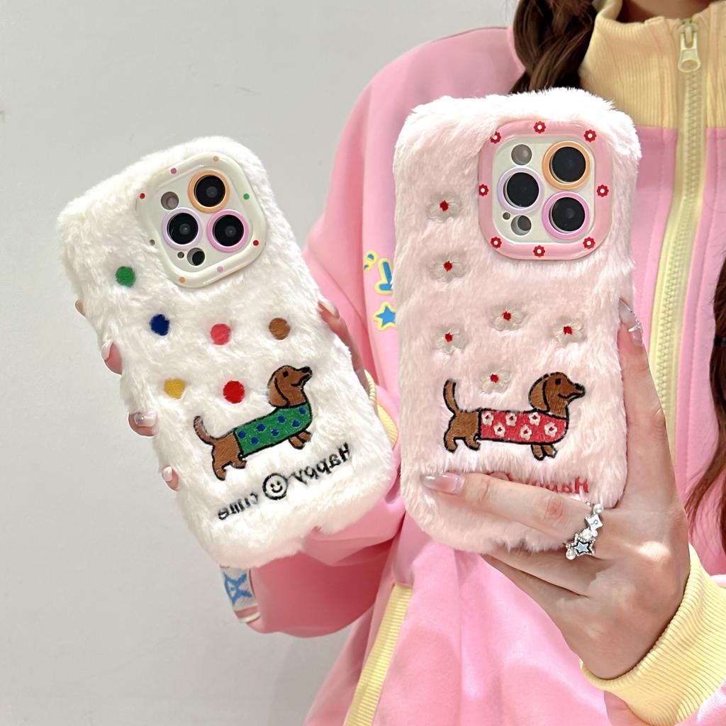 Autumn and Winter Plush Dachshund Mobile Phone Case for Apple 16PROMAX Trend 15 Fine Hole 13 Lens Holder 11