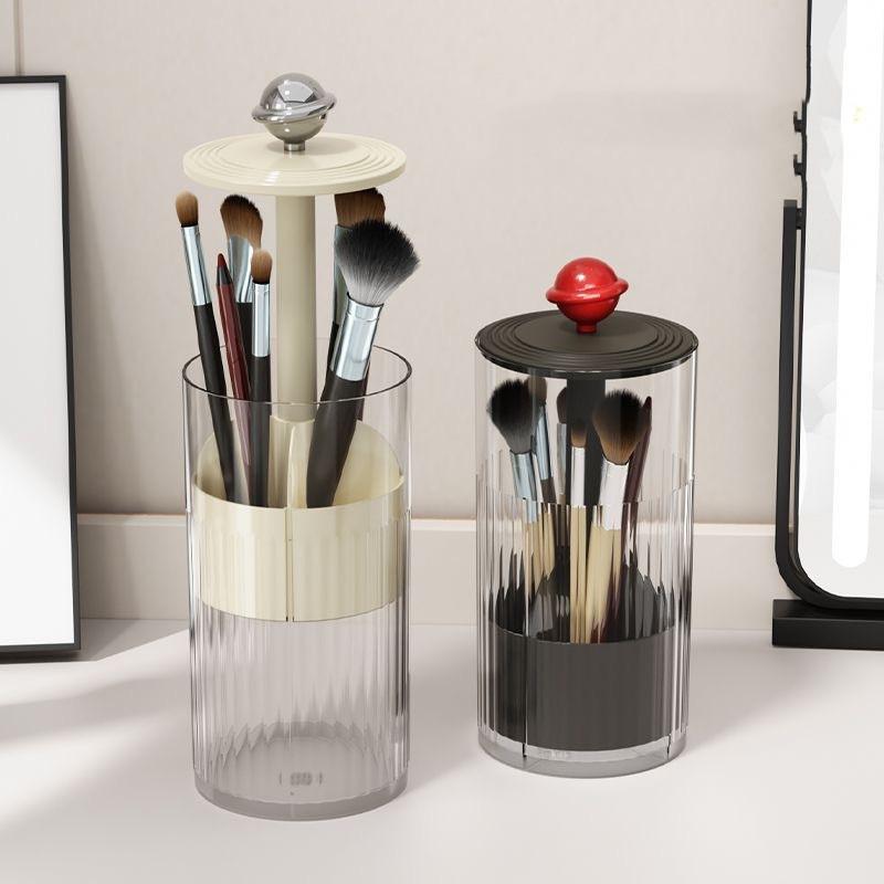 Transparent Makeup Brush Holder with Lid Automatic Lifting Dustproof Makeup Brushes Organizer for Vanity Cosmetics Storage Box