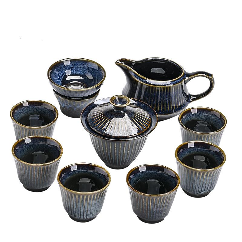 Kiln-changed gold silk cover bowl ten-headed kung fu tea set gift box set ceramic tea cup commercial meeting gift business