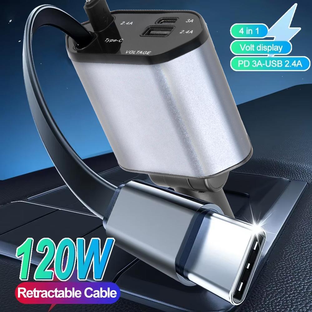 3.0 Car Charger Adapter 4 Port  Charging Socket Volt Display 120W Cigarette Lighter Scalable Quick For Phone IPad