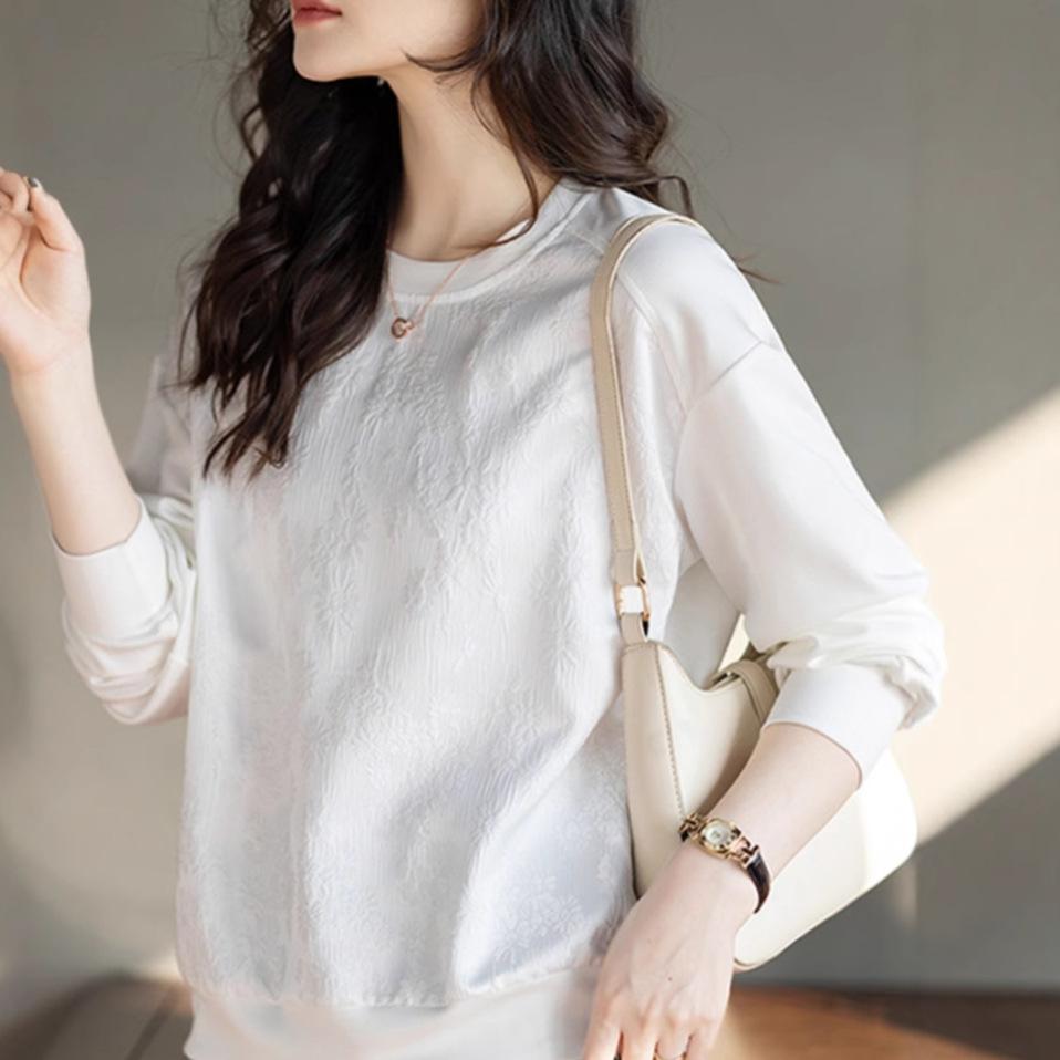 Bluză de molton jacquard cu gât rotund pentru primăvara femeilor, stil nou, larg, lejer, casual, alb versatil, pulover cu mâneci lungi