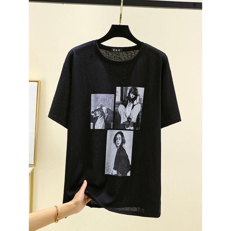 Korean Style Print T-shirt Women Summer round Neck Versatile Short sleeve Top Outer Wear Slimming Cotton Base Quick-Drying Sweatshirts