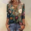 Trendy Vintage 3/4 Sleeve Top For Women ,Ladies Casual Three Quarter Sleeve Round Collar Printed T-Shirt Blouse