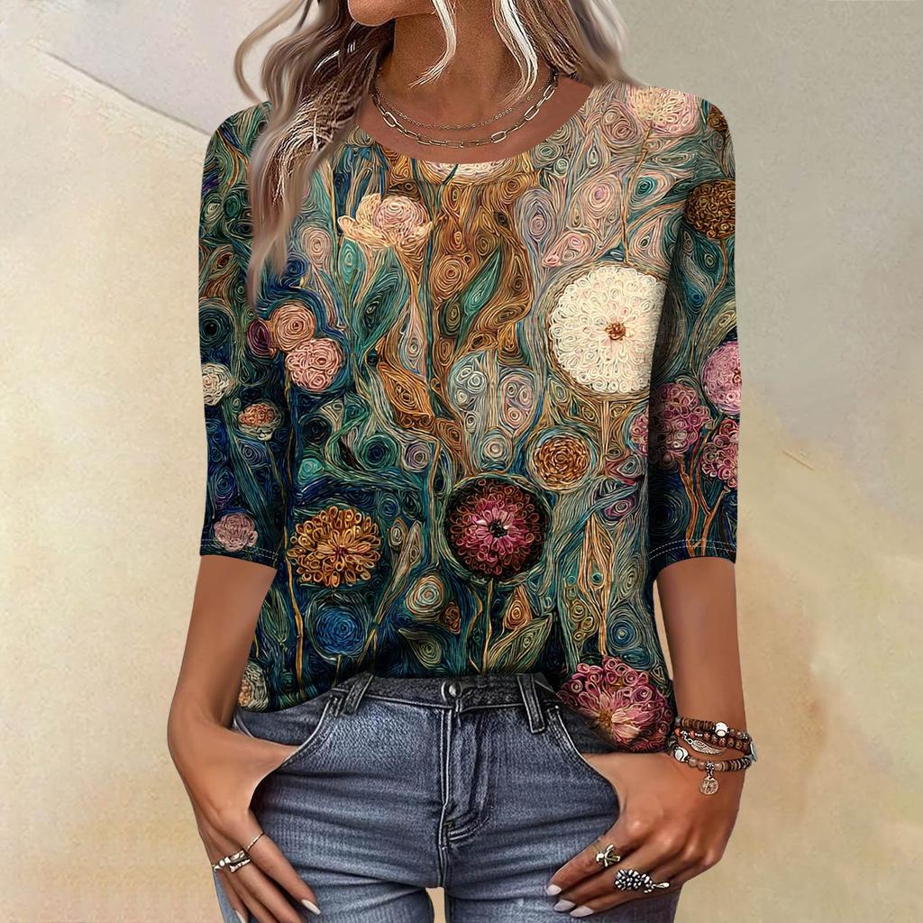 Trendy Vintage 3/4 Sleeve Top For Women ,Ladies Casual Three Quarter Sleeve Round Collar Printed T-Shirt Blouse