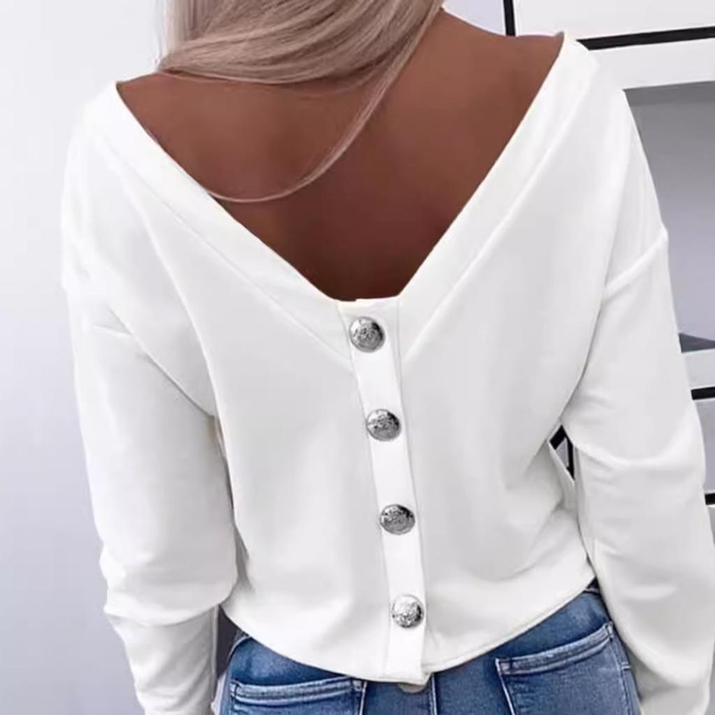 Fall Women's Long Sleeve T-shirt, Button Back Open Back Off Shoulder, Casual Fashion Top for European American Crossborder
