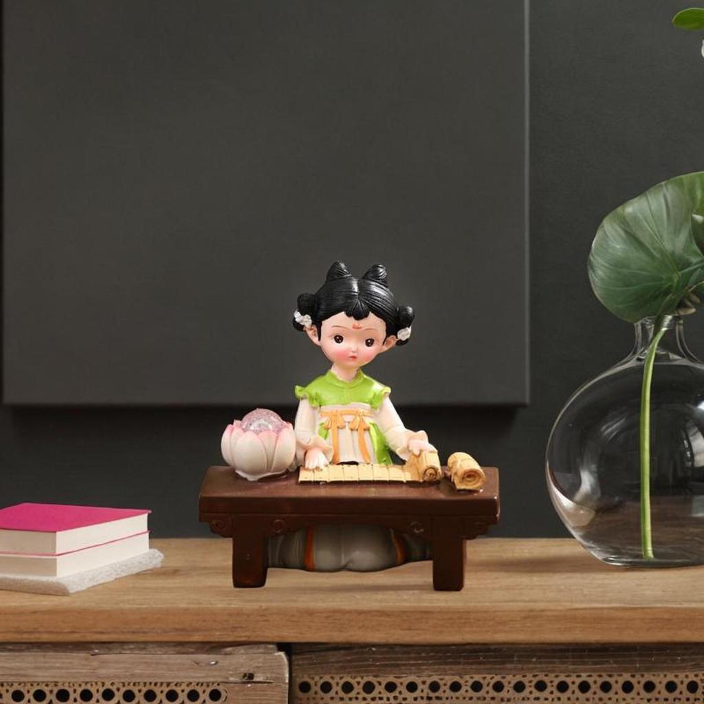 Girl Resin Statue Figurine with Light Folk Ethnic Decoration Doll Toy Gift Traditional Chinese