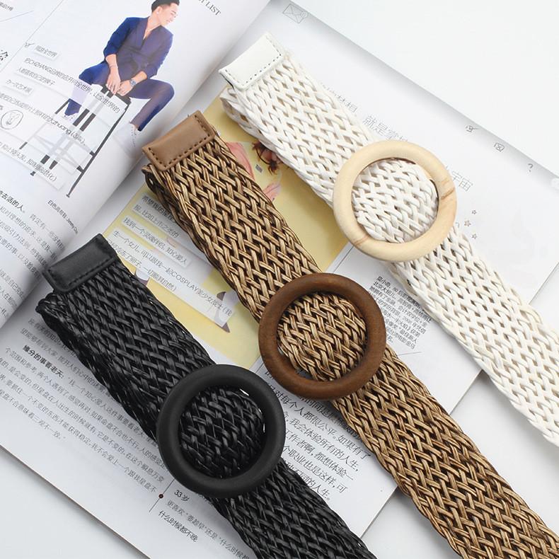 Womens Woven Cotton Linen Belt With Round Wooden Buckle For Casual Dress Fashion