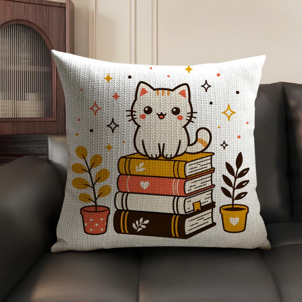 The Cat On the Book Cushion Cover Breathable Linen Organic Fabric DoubleSided Printing Sofa Pillow Case Home Decor