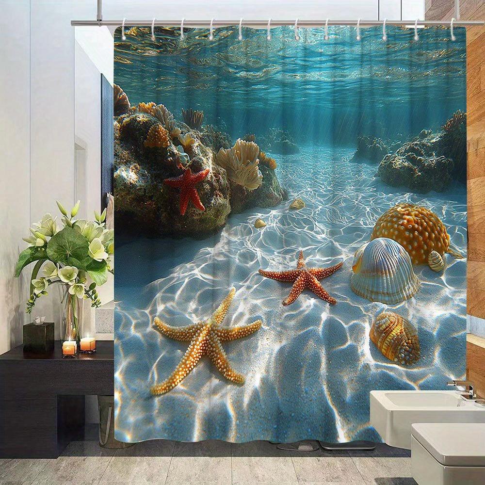 Undersea Scenery Shower Curtain - Beautiful Sea Creatures & Coral Landscape, Polyester Bathroom Decor,12 Hooks