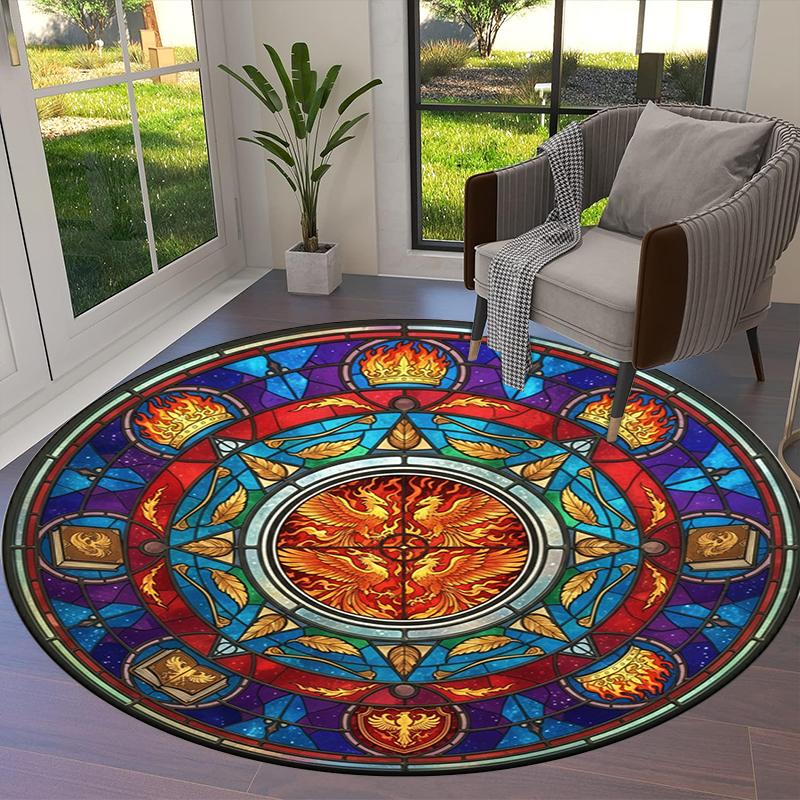 Phoenix Retro Mandala Round Area Rug,Carpet Rug for Living Room Bedroom Sofa Playroom Decor,Non-slip Floor Mat Q0029