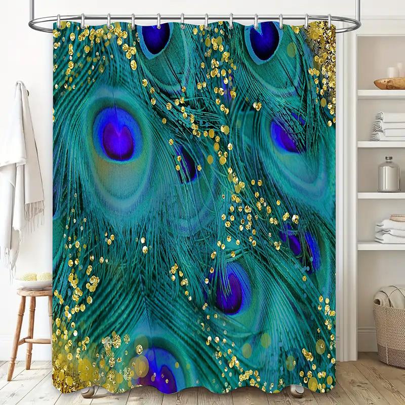 Peacock Feather Shower Curtain Nature Teal Blue Pattern Bathroom Decor Washable Fabric Waterproof Home Textile Artistic Design