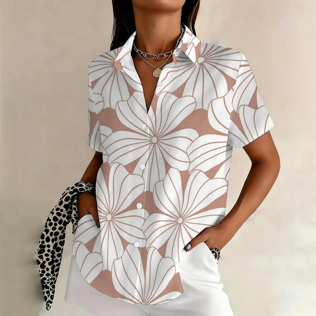 Fashion Short Sleeve Shirts Women Elegant Sweet Floral 3D Print Blouses Casual Button Lapel Tops New Summer Loose Women's Blouse