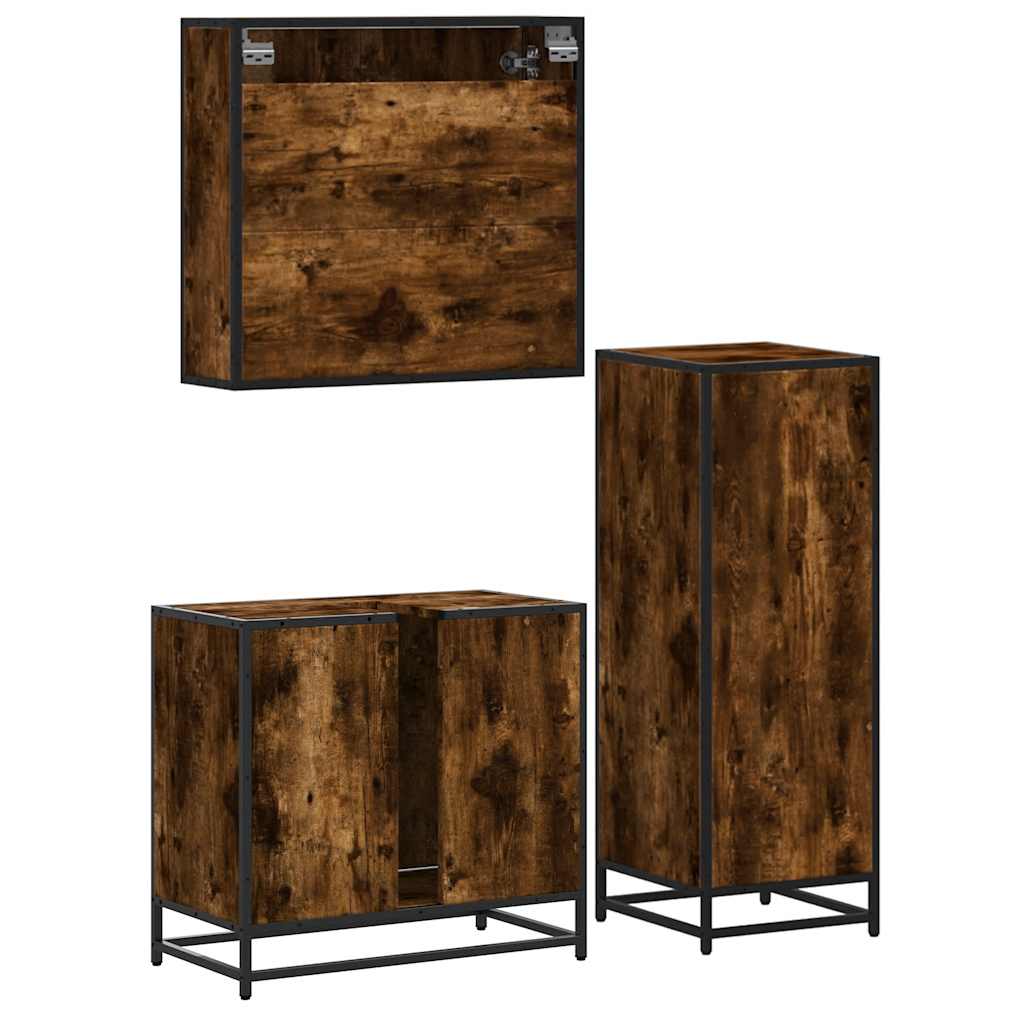 3 Piece Bathroom Furniture Set In Smoked Oak Wood Based Material