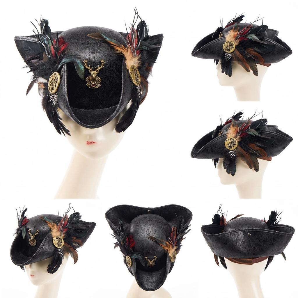 Tricorn Hat with Feathers Distressed Leather Weathered Vintage for