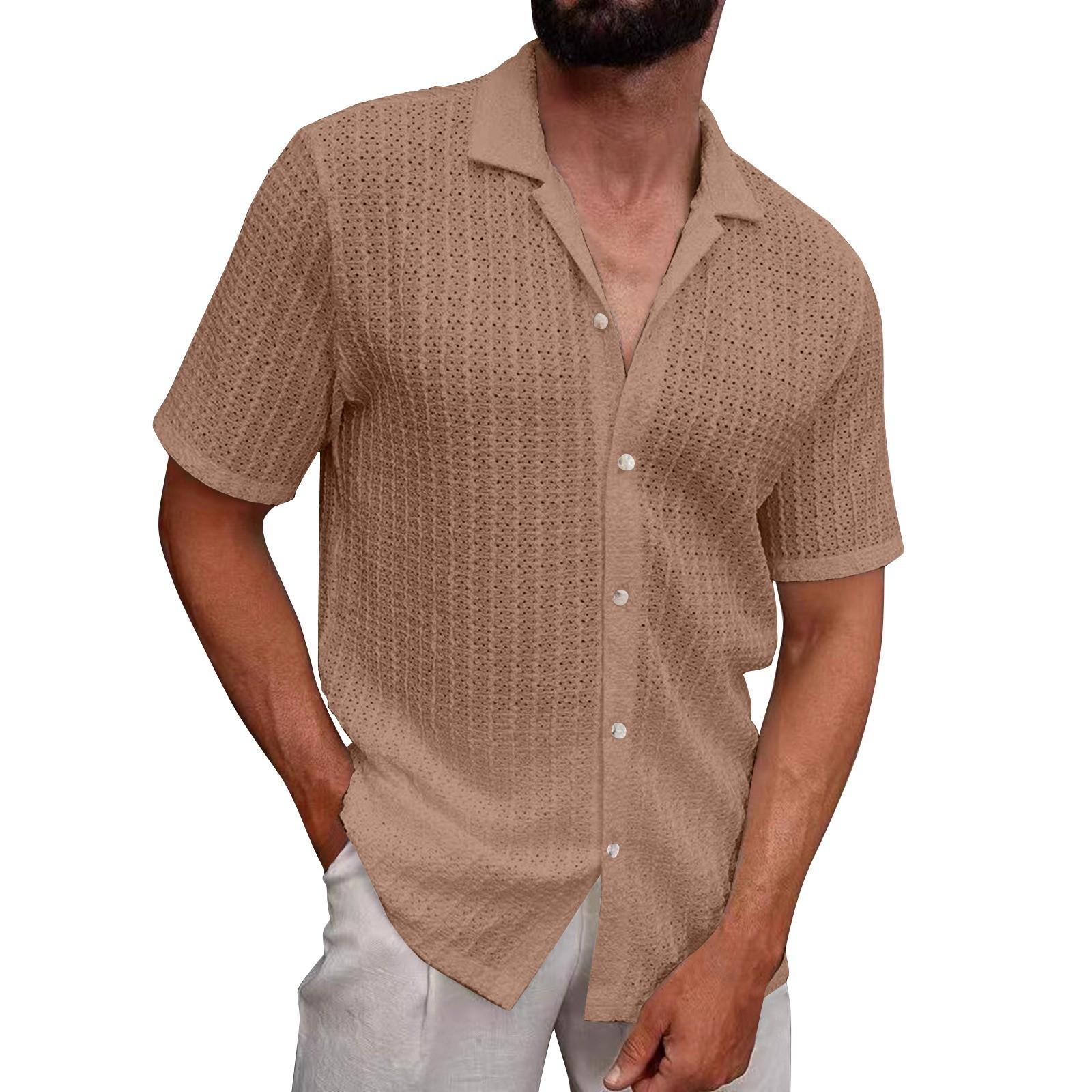 

Чоловіча літня однотонна трикотажна сорочка з лацканами, ажурна, дихаюча, на ґудзиках, з коротким рукавом M кавовий