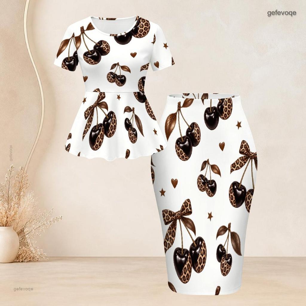 Women Plus Size 2 Piece Outfit Round Neck Short Sleeve Peacock Print Peplum Top Pencil Skirt White
