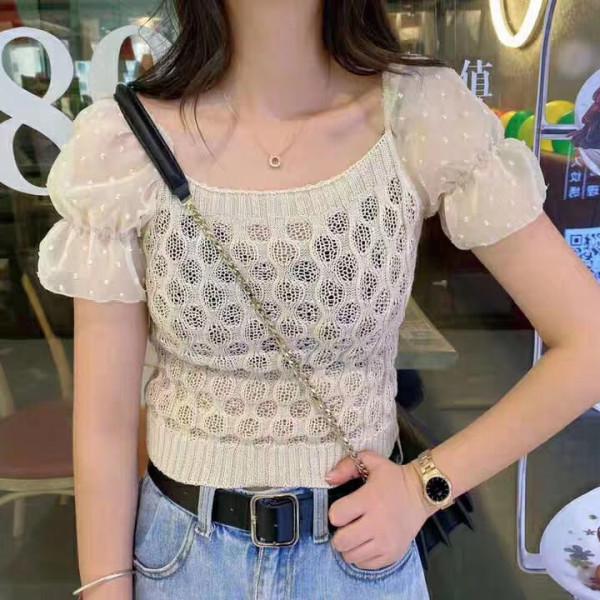 2025 Summer Women's French Square Neck Hollow-Out Puff Sleeve Knit Top