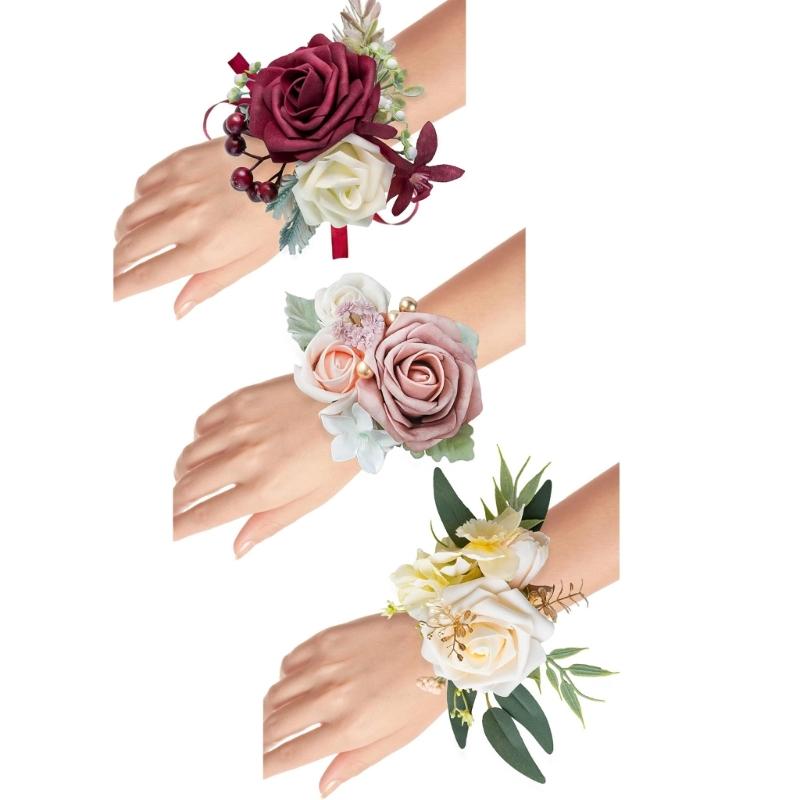 Elegant Wrist Flower For Bride Bridesmaid Fabric Artificial Rose Wrist Corsage Wedding Accessory Formal Event Decoration