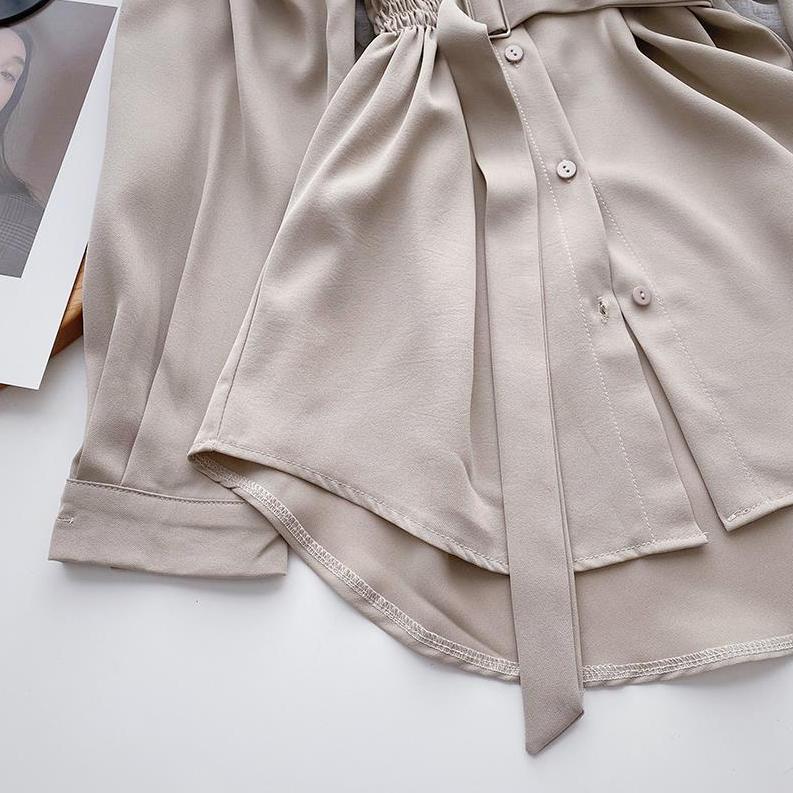 Dámská košile s dlouhým rukávem Temperamentní Tenká Modely střední délky 2025 Léto Nová Korejská verze Výklenkový smysl pro design Vázané dámské topy