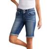 Women's Mid-Length Elastic Denim Shorts - Double-Button Washed Jeans, European & American Style Fashion.