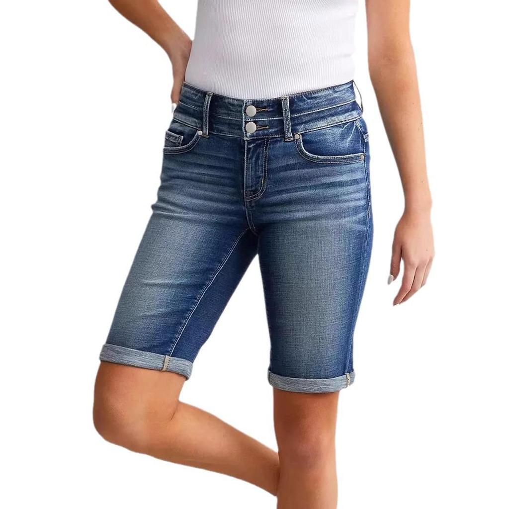 Women's Mid-Length Elastic Denim Shorts - Double-Button Washed Jeans, European & American Style Fashion.