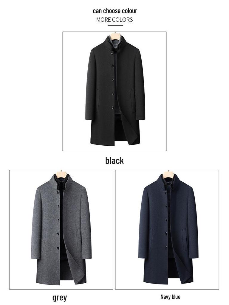 Men's Single-Breasted Stand-Collar Wool Gabardine Trench Coat - Business Casual Long Jacket