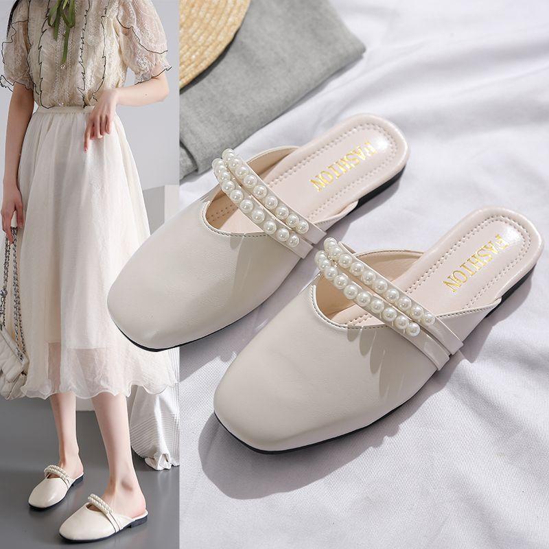 Leather Slides Pearl Low Heel Beige Women's Slippers and Ladies Sandals Chic Elegant Unique Slip-resistant Small Size Shoes
